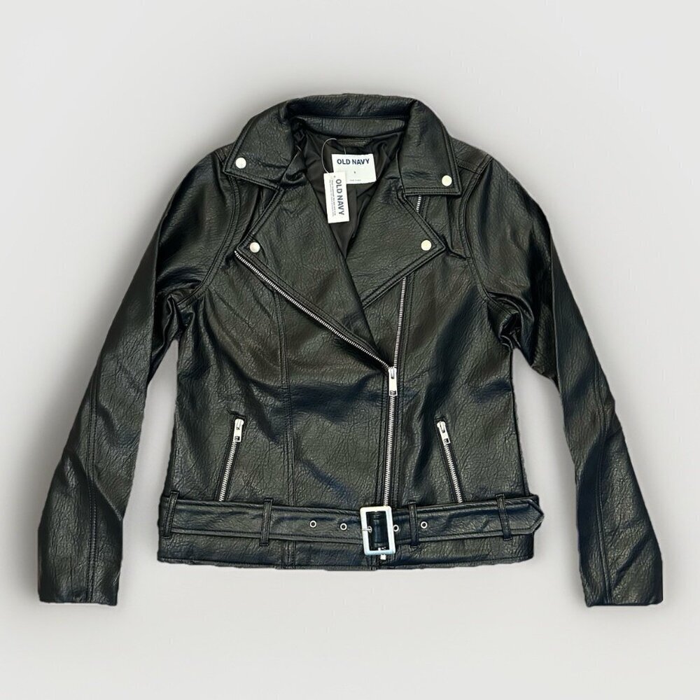 Old Navy Women's Faux Leather Belted Biker Jacket Size S Black Full Zip NWT